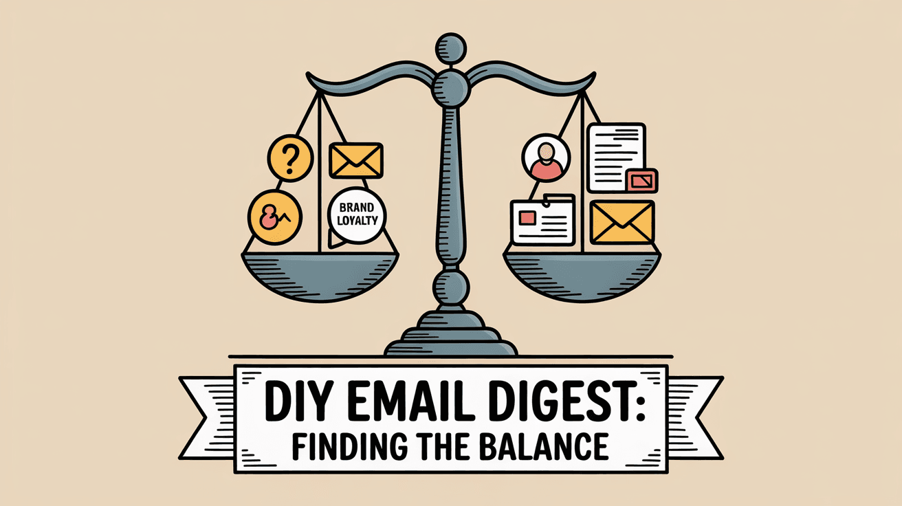 Professional illustration showing balance scales weighing DIY email digest benefits against challenges, with email icons on both sides